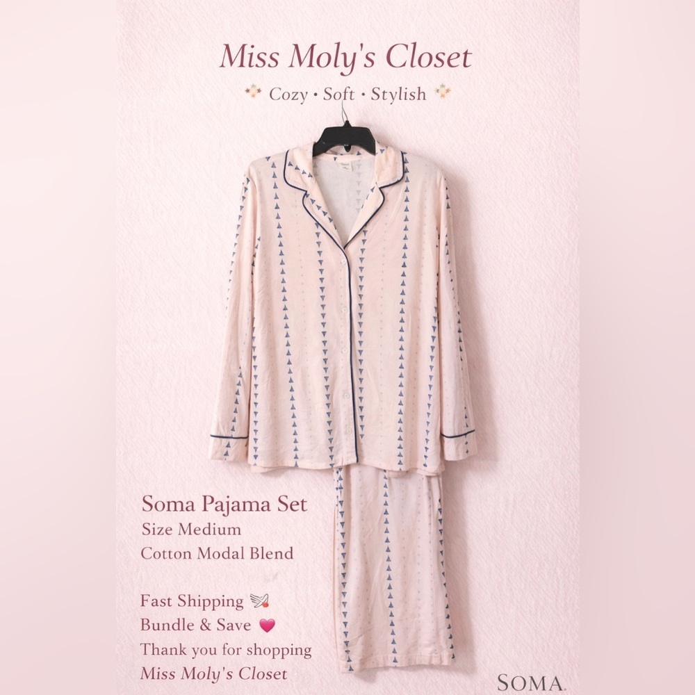 Soma Pajama Set M Pink Cotton Modal Button Front Sleepwear Lounge Set Soft Cozy